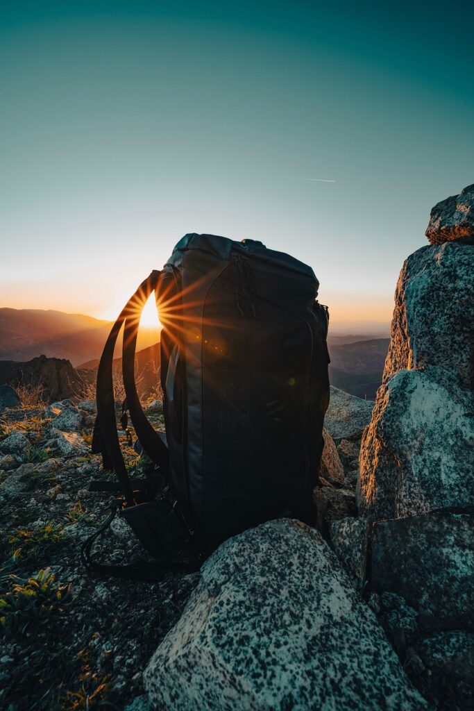 backpack, rocks, sun, summit, peak, backpacking, climb, evening, golden hour, hiking, landscape, light, los angeles, mountain, outdoors, panoramic, ray, nature, recreation, san bernadino mountains, san gabriel mountains, shine