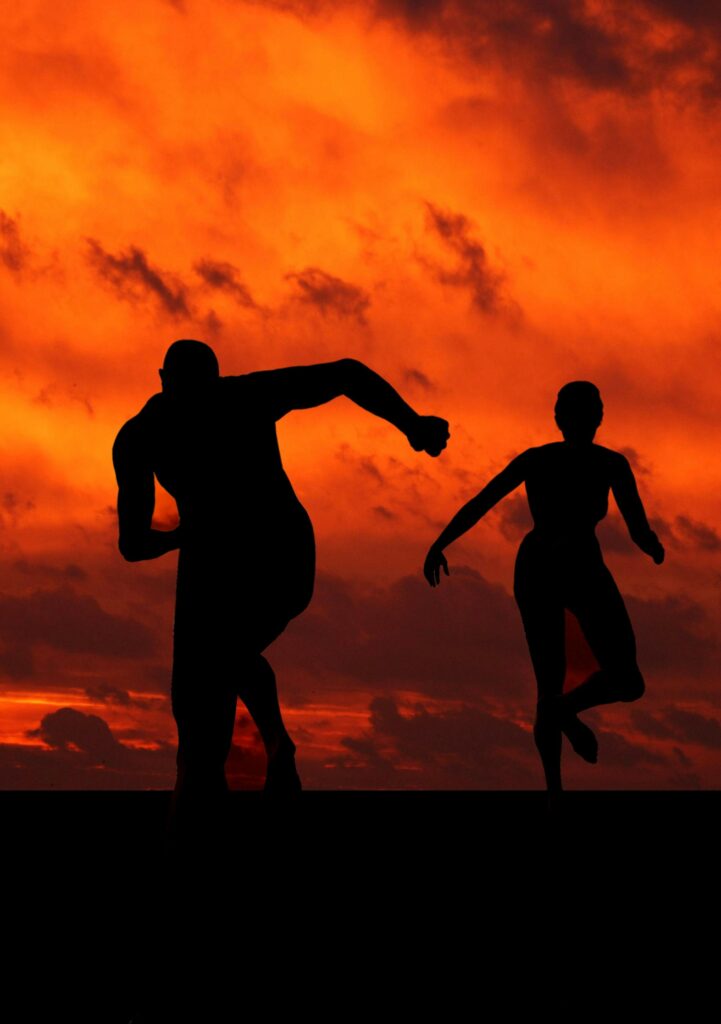 Silhouettes of male and female runners in action against a dramatic orange sunset.